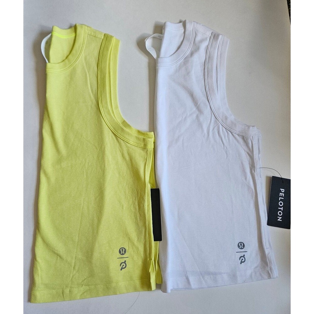 (2) Lululemon x Peloton Classic-Fit Cotton-Blend Tank white lime green 4 NWT
